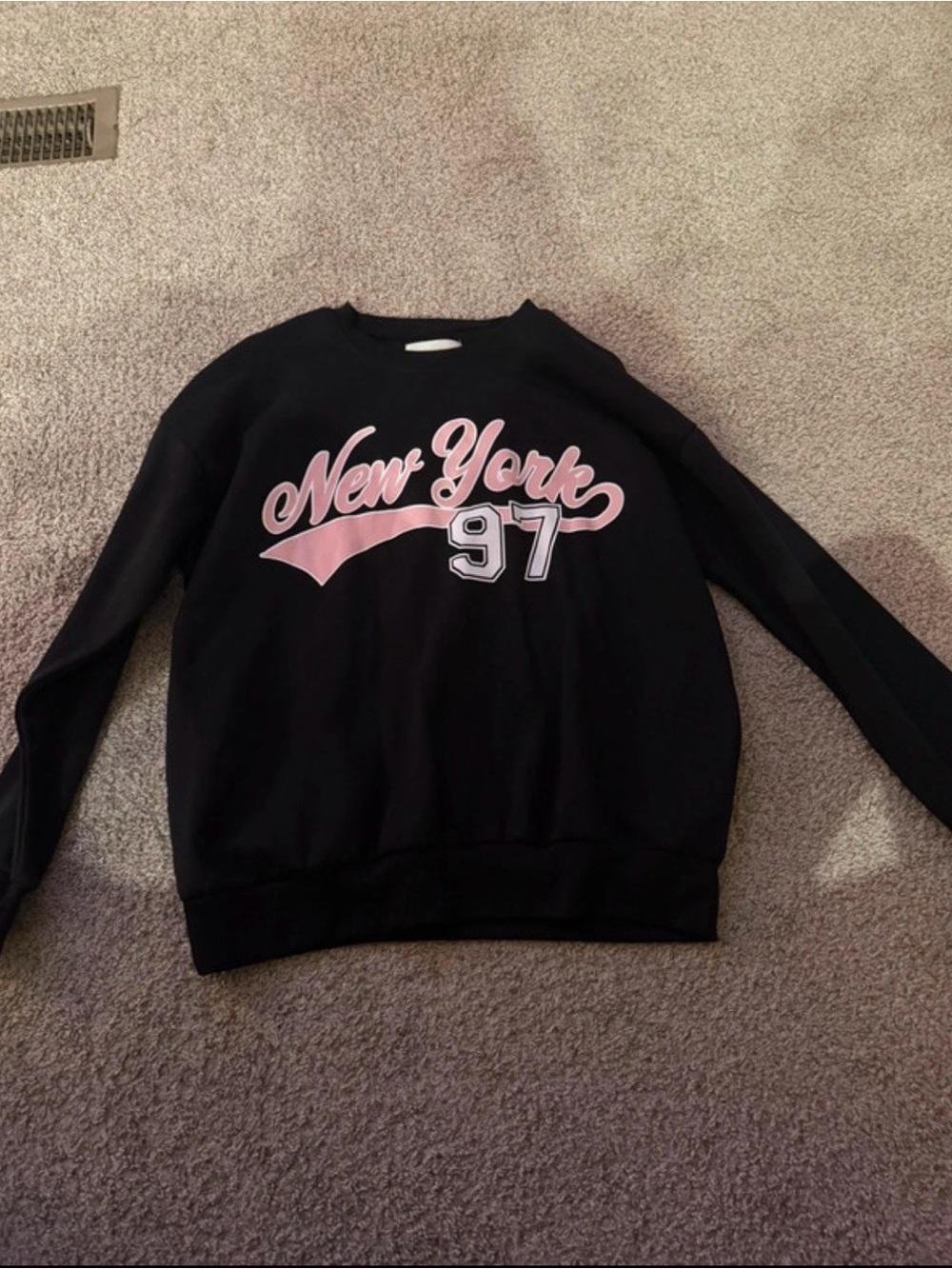 No Boundaries Black Crewneck Sweatshirt with Pink "New York 97" Graphic